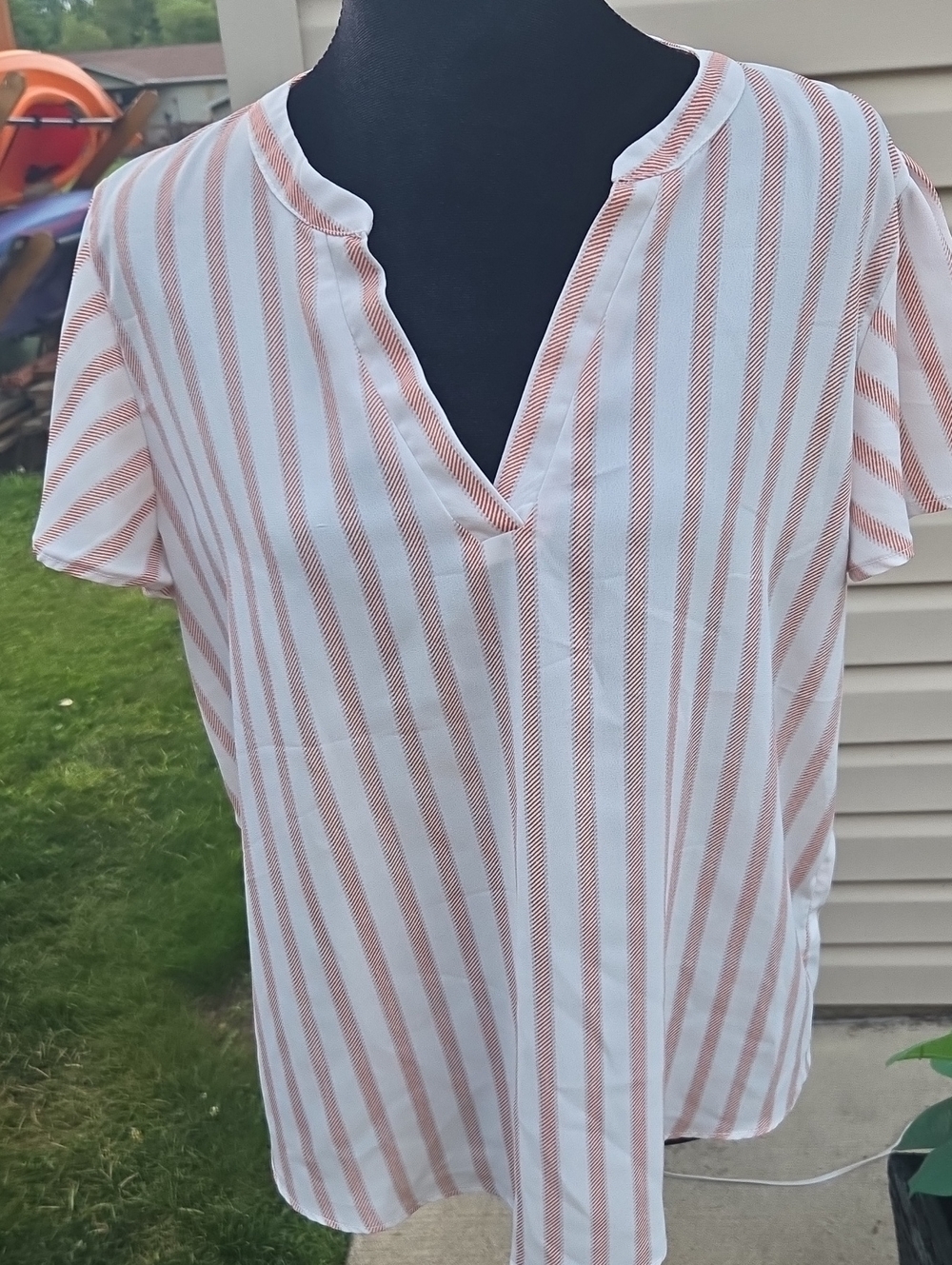 Maurices White Blouse with Coral-Stripe V-Neck